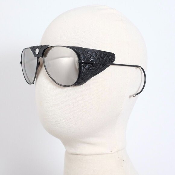 CHANEL sunglasses aviators black leather side shields reflective lenses w/ case - Picture 1 of 12